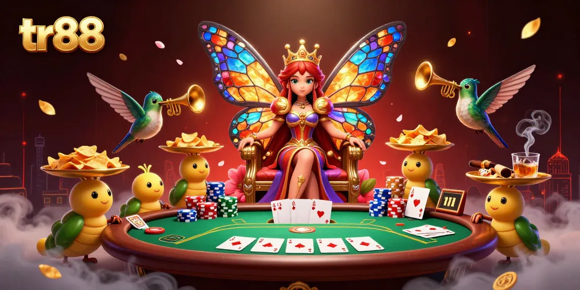 Experience the thrill of tr88 with a vibrant casino scene featuring a butterfly queen, poker elements, and rich colors.