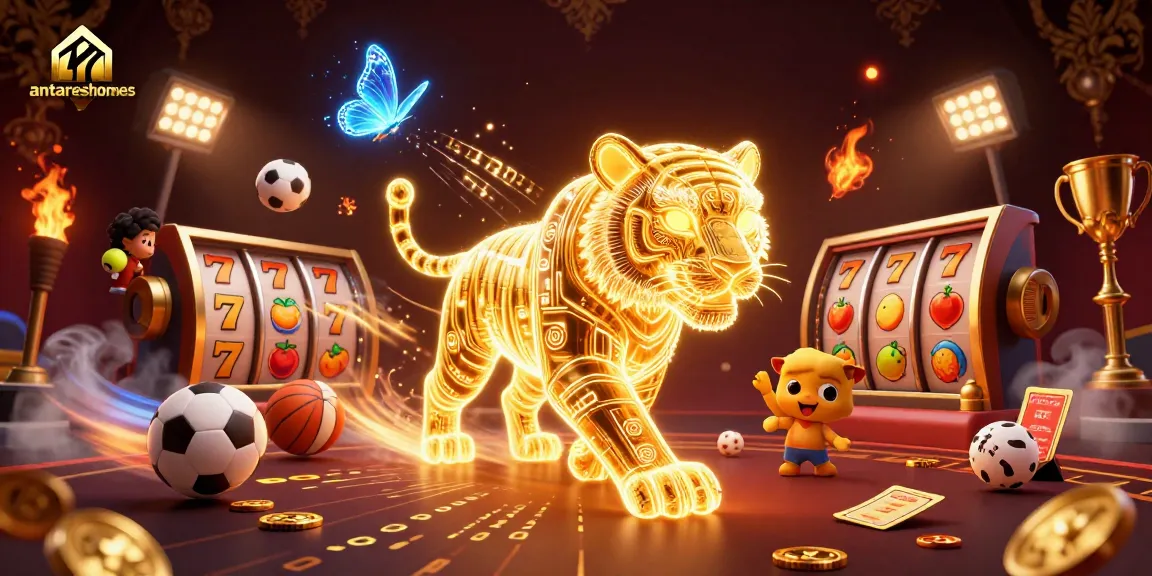 Antareshomes showcases a vibrant casino scene with a golden tiger and slot reels, capturing excitement.