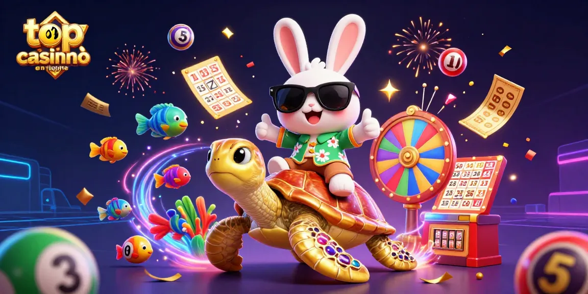 Jouez sur le top casino en ligne, animé par un lapin chanceux et une tortue dorée, entouré de jeux de loterie.