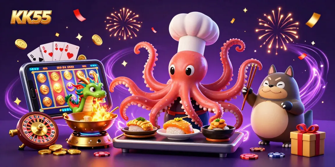 Engage with KK55's dynamic casino experience featuring a sushi chef octopus and a wasabi dragon.