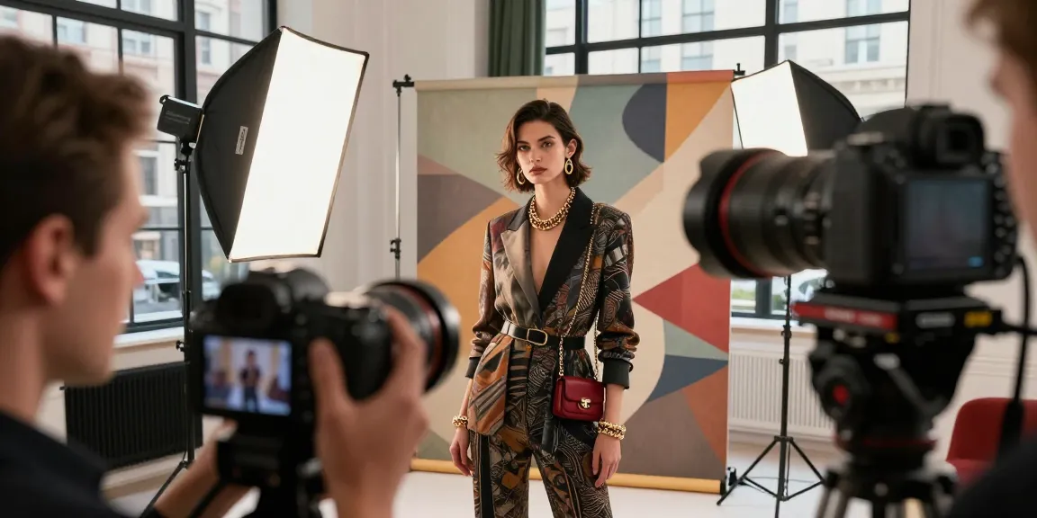 MaxArt studio fotografico: modello in abbigliamento elegante in uno studio di fotografia di moda a Milano.