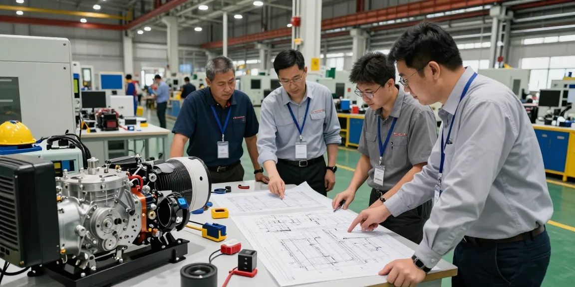 Engineers collaborating on industrial generator solutions in a well-lit factory.