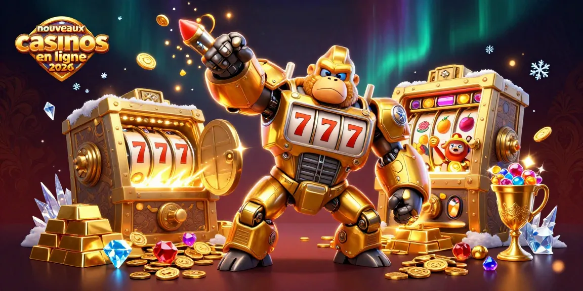 Illustration dynamique des nouveaux casinos en ligne 2026 avec un gorille mech en or et des machines à sous.