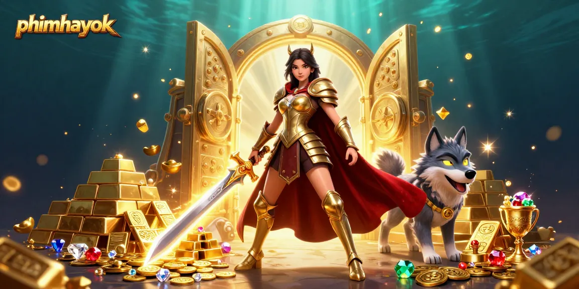 Experience exhilarating gameplay at phimhayok with a captivating warrior scene and gold treasures.
