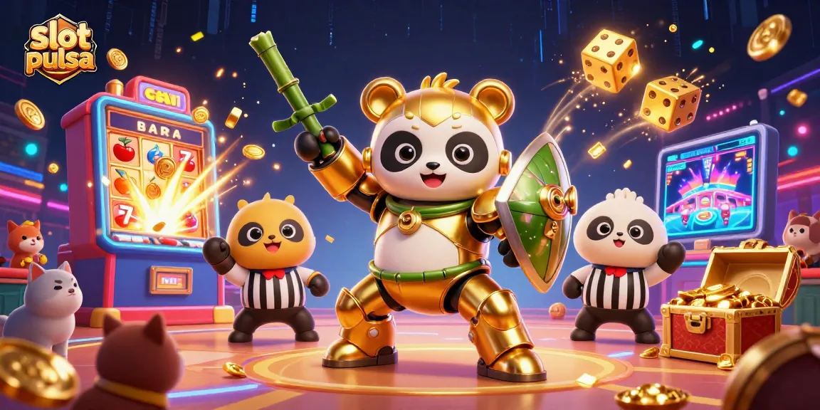 Menggandeng slot pulsa, ilustrasi 3D menampilkan panda emas mengendarai robot bambu dan jackpot yang menggelegak dengan koin emas berceceran.