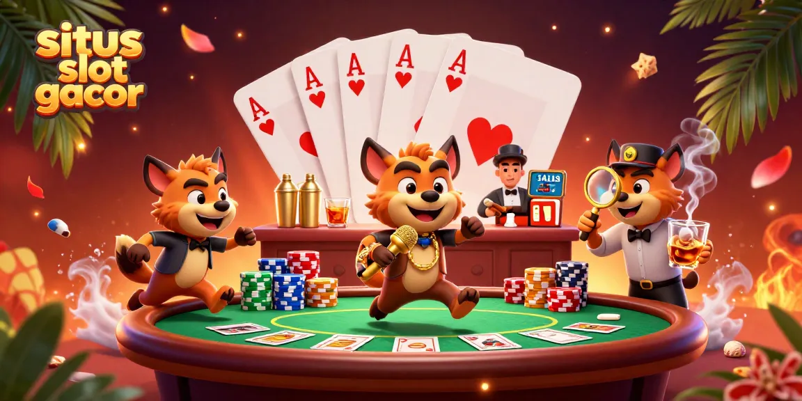Engage in situs slot gacor fun with a lively hyena casino scene showcasing comedy and games.