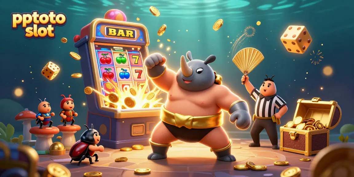 PPTOTO slot illustration featuring a dynamic scene with a sumo beetle and crashing slot machine effects.
