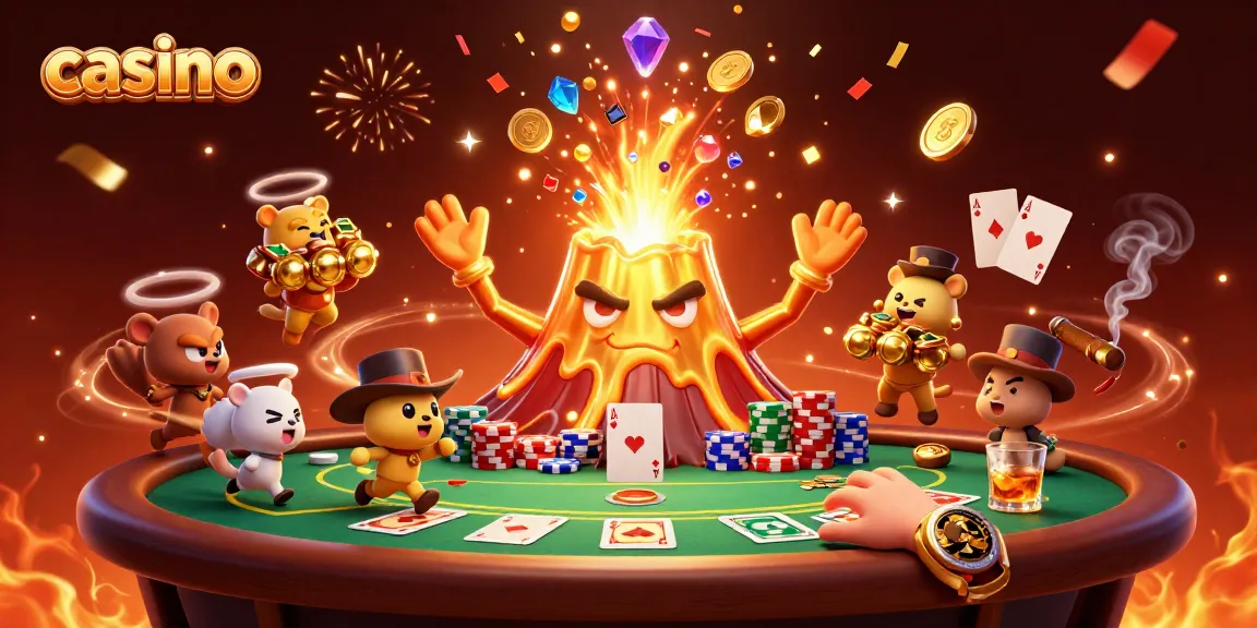 Experience the thrill of a casino with a cartoon golden volcano erupting coins and treasures.