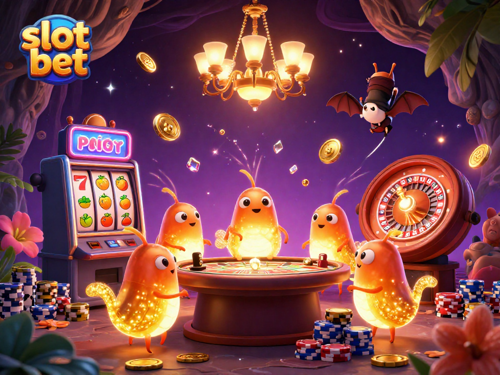 Taruhan slot bet seru di dalam kasino dengan karakter cerah dan koin melayang.