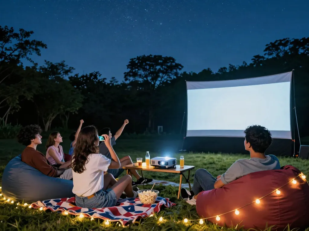 Outdoor movie night with friends enjoying ZoeChip films under a starry sky.