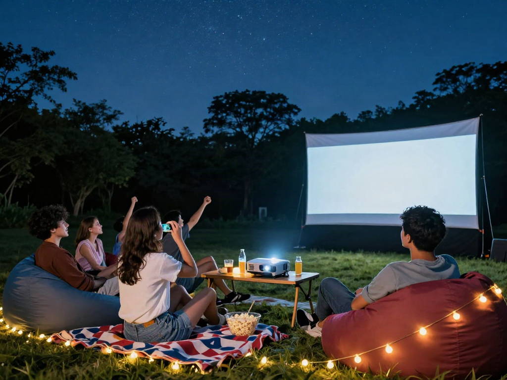 Outdoor movie night with friends enjoying ZoeChip films under a starry sky.