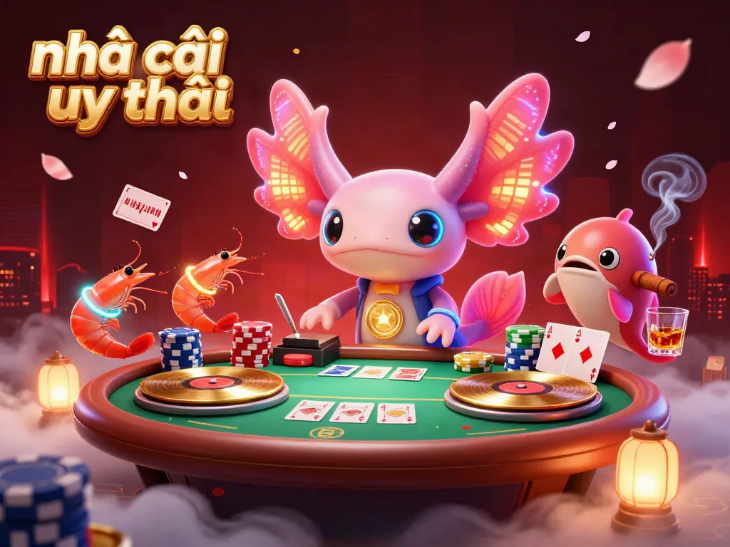 Experience the vibrant world of nhà cái uy tín through a lively scene with axolotl DJ, poker elements, and dynamic underwater celebration.