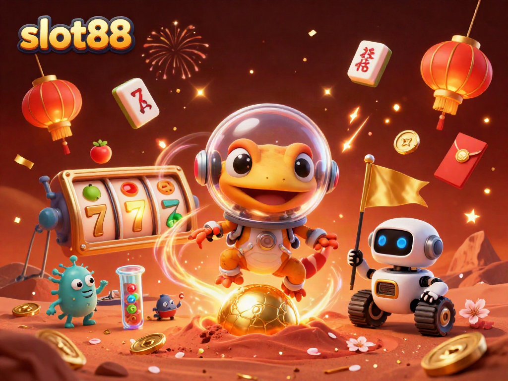 Experience slot88 thrills with a Martian gecko and casino treasures in a vibrant scene.