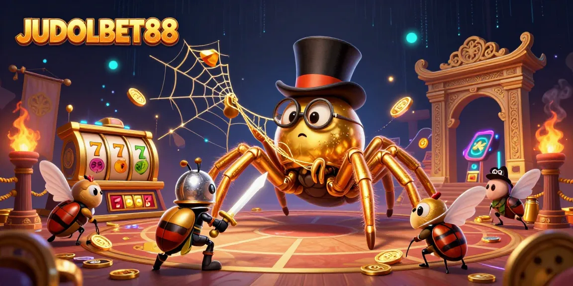 Experience thrilling wins at JUDOLBET88, where a golden tarantula spins its luck amidst vibrant slot elements.