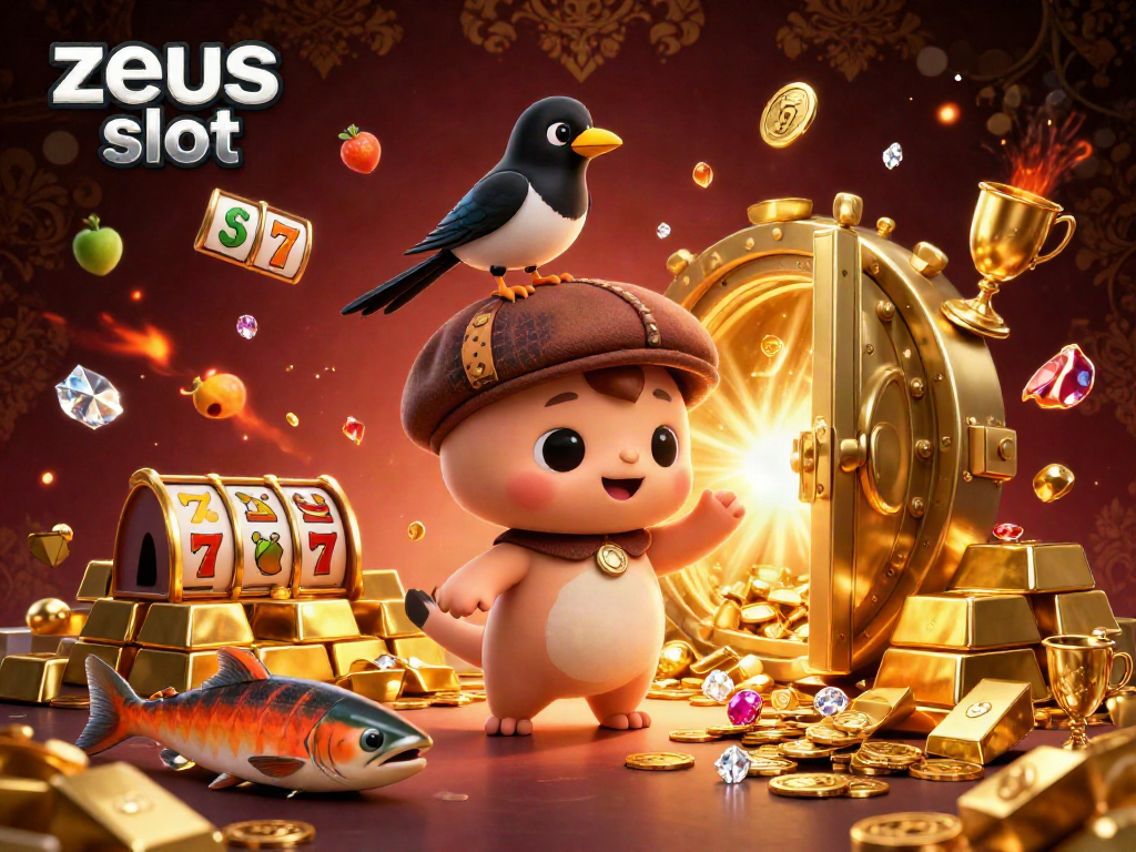Engage with the zeus slot as playful characters celebrate riches in a vibrant casino scene.