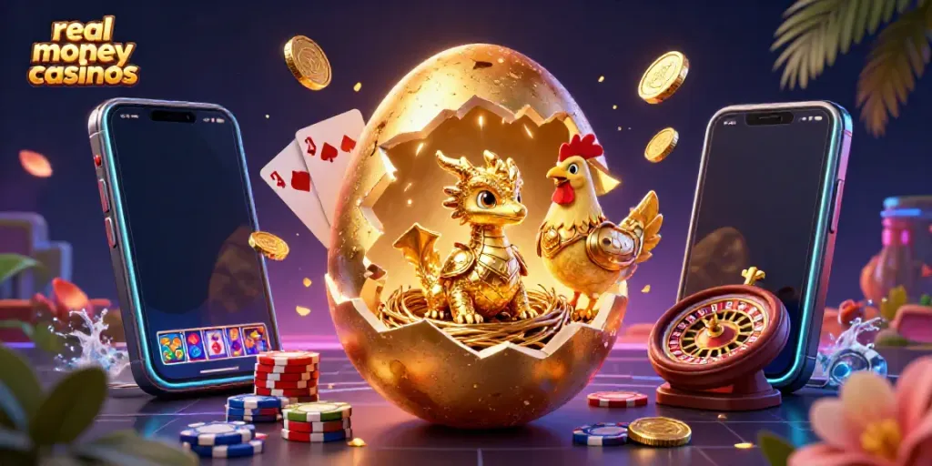 Engage with real money casinos as golden dragon eggs reveal riches and thrilling games in a vibrant illustration.