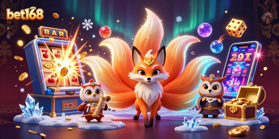Engage with bet168's vibrant gambling scene featuring colorful spirits and an action-packed slot machine explosion.