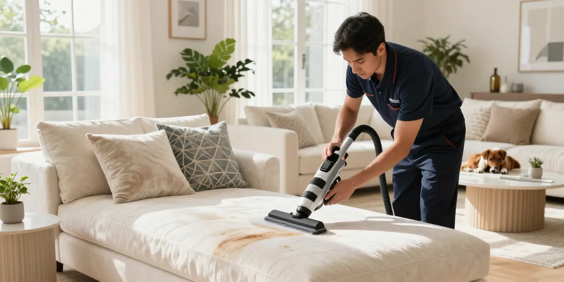 Upholstery cleaning service technician deep cleaning a luxurious couch in a bright living room environment.