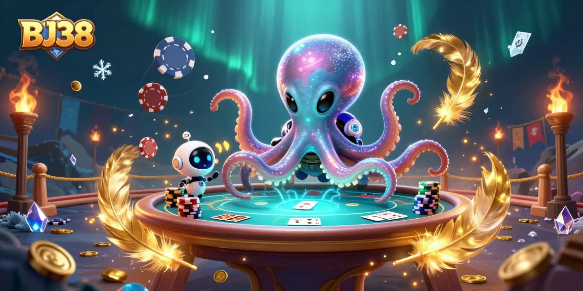 Engage with BJ38's thrilling alien casino adventure featuring a holographic poker table and dynamic gaming elements.