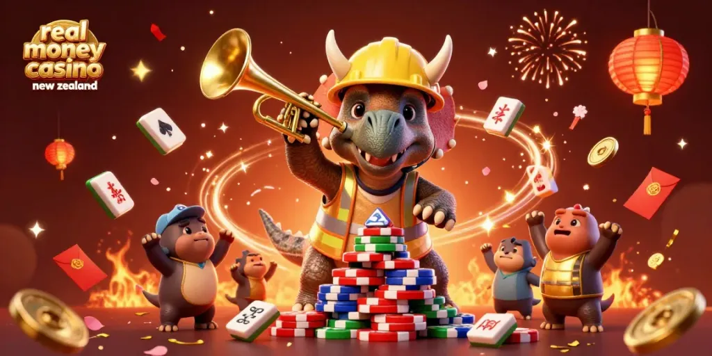 Engage with the vibrant world of real money casino New Zealand featuring dynamic characters celebrating with poker chips.