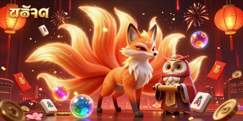 Engage with the excitement of สล็อต as a nine-tailed fox and wise owl illuminate the scene with vibrant elements.