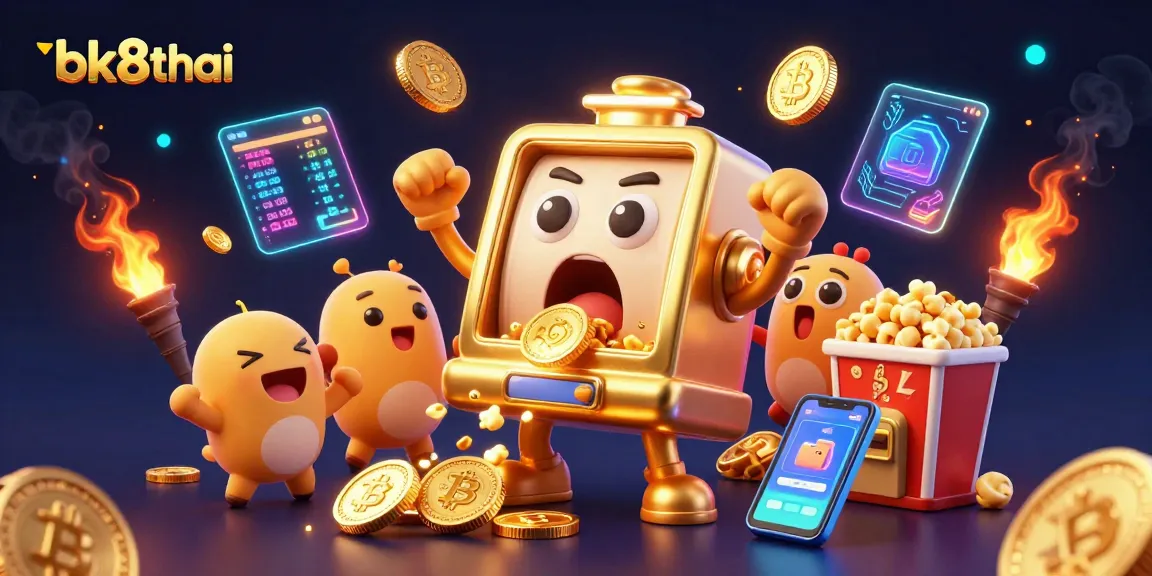 Engage with exciting wins on bk8thai with a cartoon slot machine hitting a jackpot, surrounded by cheering mini slots.