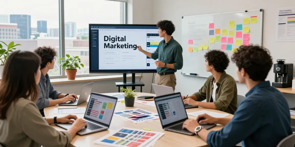 Dynamic workspace showcasing Spokane marketing team collaborating on digital strategies, filled with vibrant visuals and metrics.
