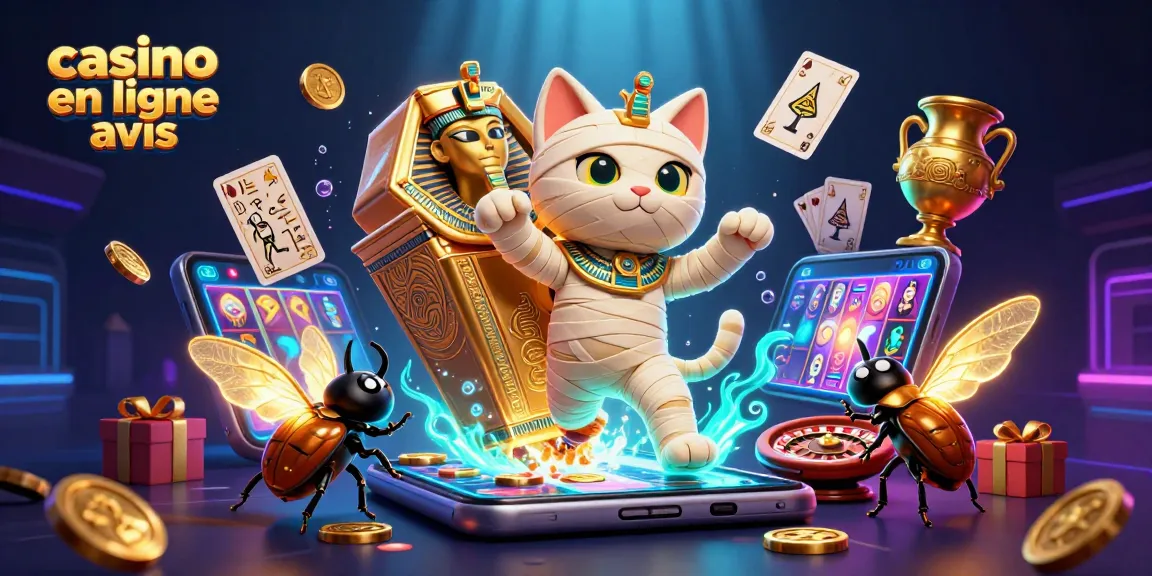 Critiquez le casino en ligne avis avec une illustration d'un chat momie égyptien et un scarabée.