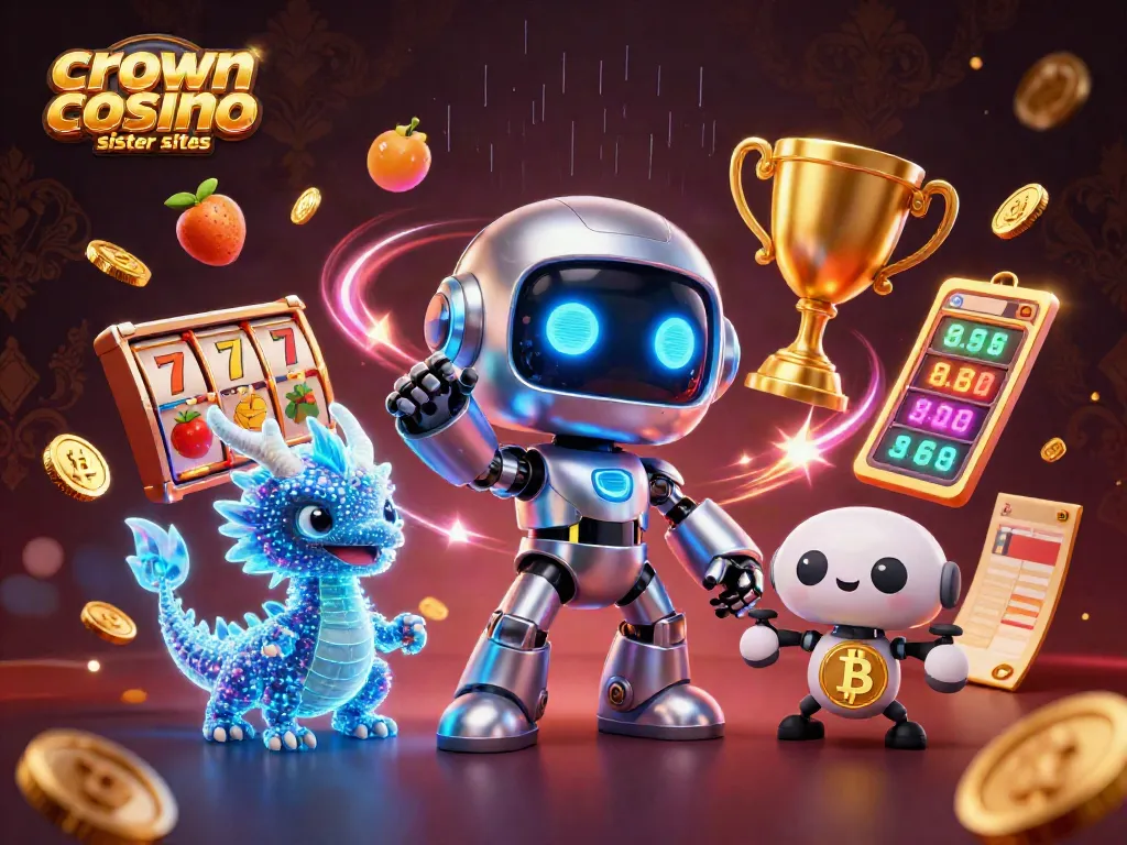 Crown coins casino sister sites illustrated in a vibrant 3D scene featuring a cyberpunk robot and a holographic dragon, immersed in casino action.