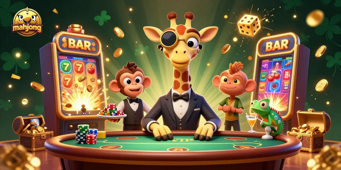 Enjoy mahjong-themed excitement with colorful slot machines and animated characters in a vibrant casino scene.