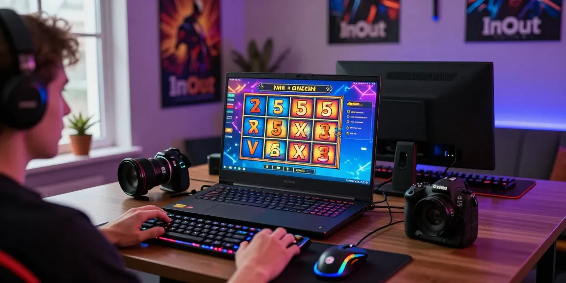 Play Mine Slot casino on a laptop with vibrant grid gameplay, cozy gaming room atmosphere.
