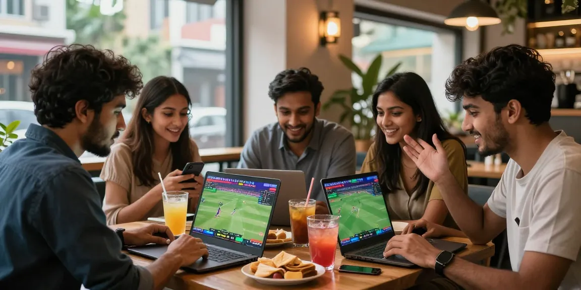 Group of friends engaging in online betting with Fairplay24 while enjoying live sports in a café.