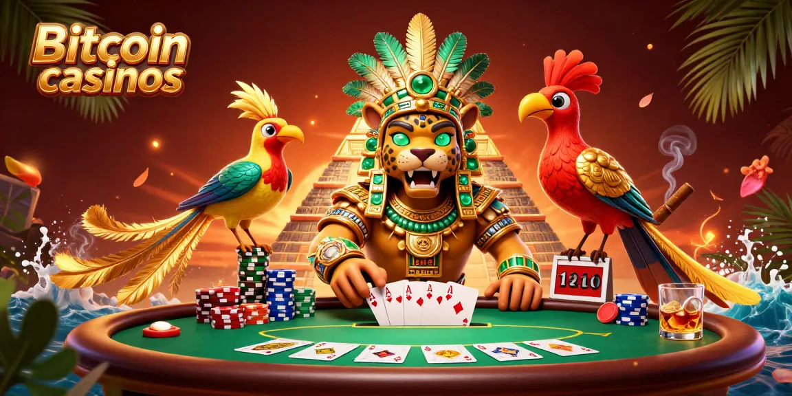 Jouez dans les meilleurs Bitcoin casinos avec un prêtre jaguar et son oiseau quetzal dans une scène festive.