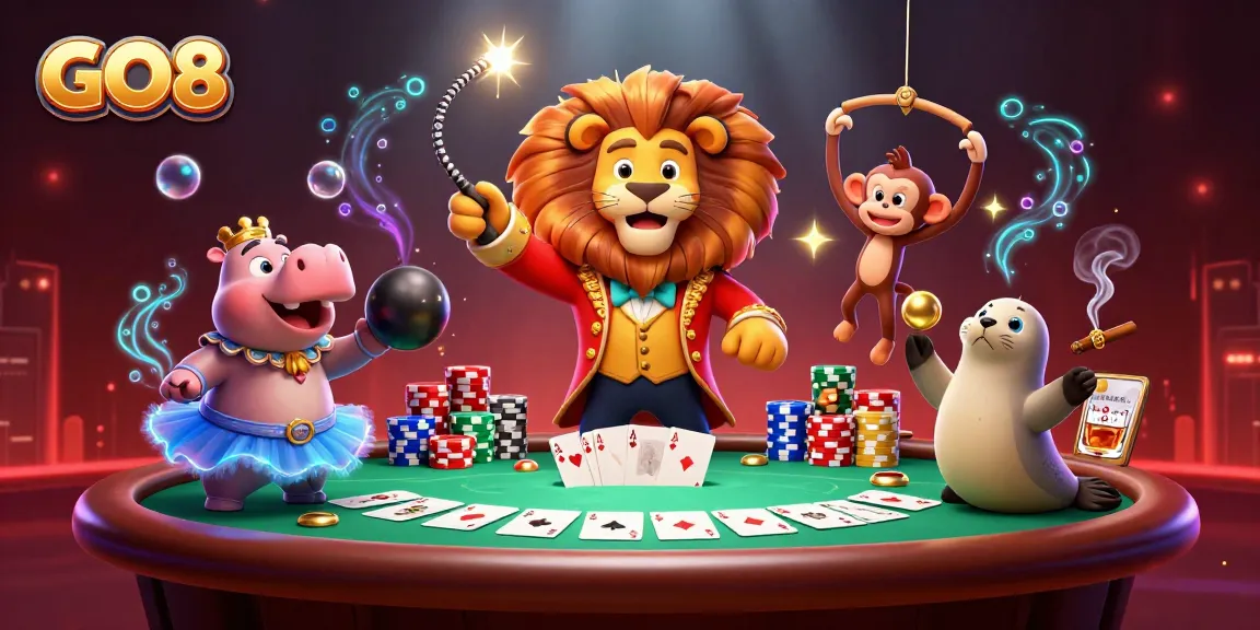 Engage in thrilling action with GO8 as a lion ringmaster entertains at a vibrant casino scene.