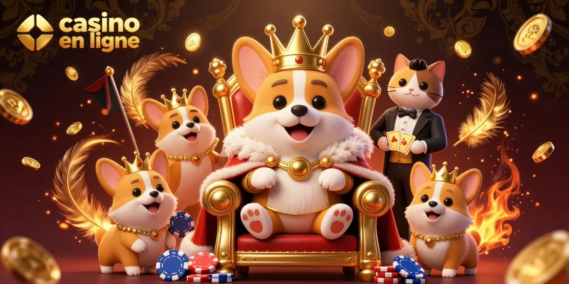 Participez à des activités passionnantes de casino en ligne, mettant en vedette un corgi royal sur un trône de jetons de poker.