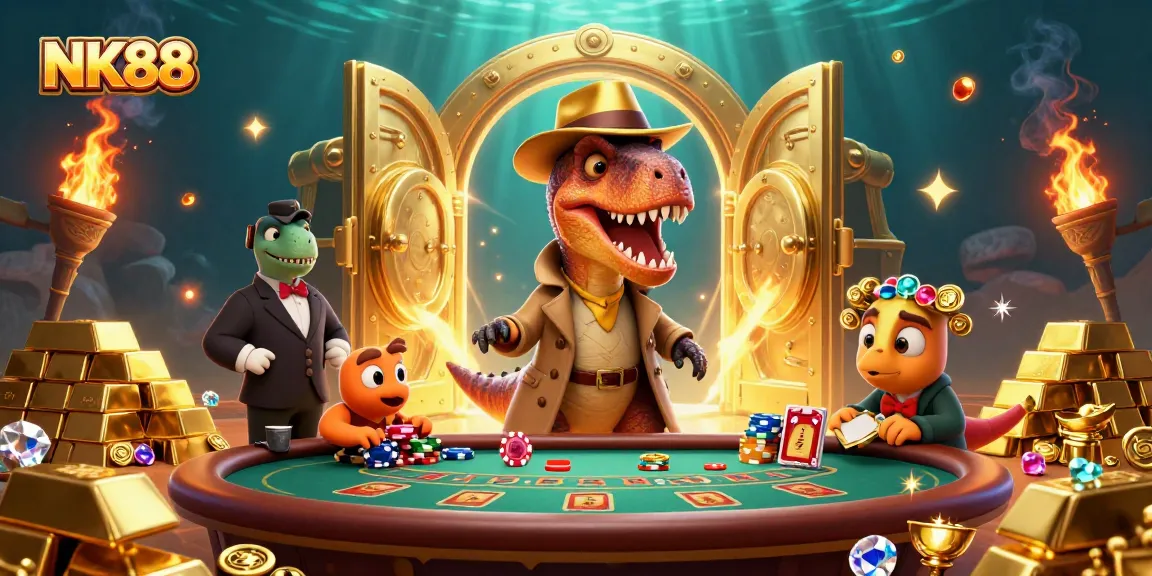 Engage with thrilling gameplay at NK88 casino featuring a cartoon velociraptor and stegosaurus amidst treasures.