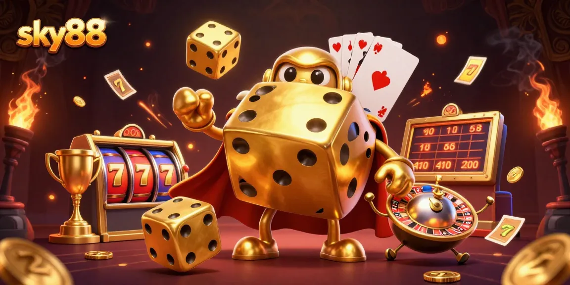 Experience thrilling gaming at sky88 as a golden dice golem and roulette-ball celebrate exciting wins.
