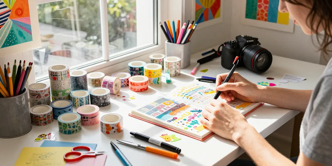 Custom washi tape artist designing a scrapbook in a bright creative workspace.