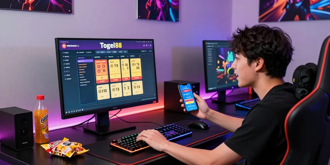 Togel88 Me Login: Player immersed in an exciting online gaming session, displaying Togel88 interface with ambient gaming setup.