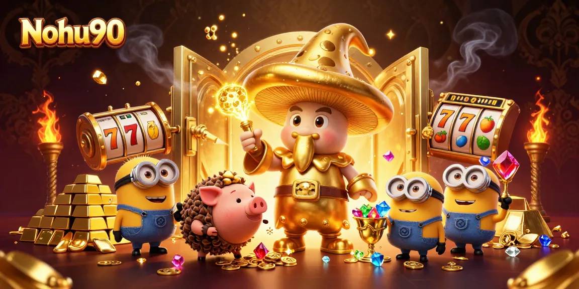 Nohu90 wizard and pig friend revealing treasures in a vibrant, magical casino atmosphere