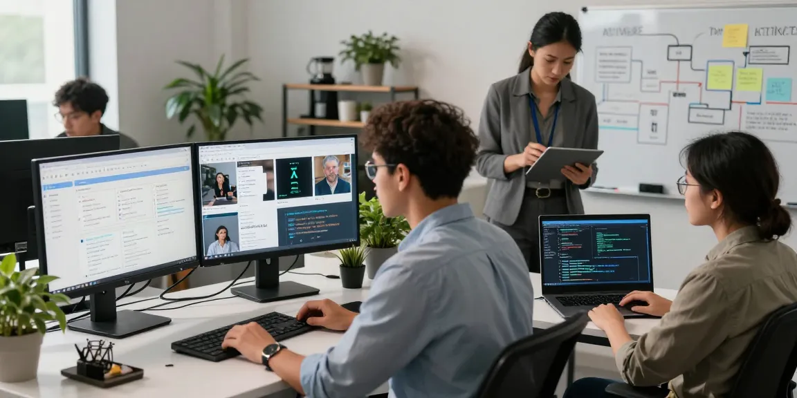 AI detector technology workspace with professionals analyzing content moderation data.