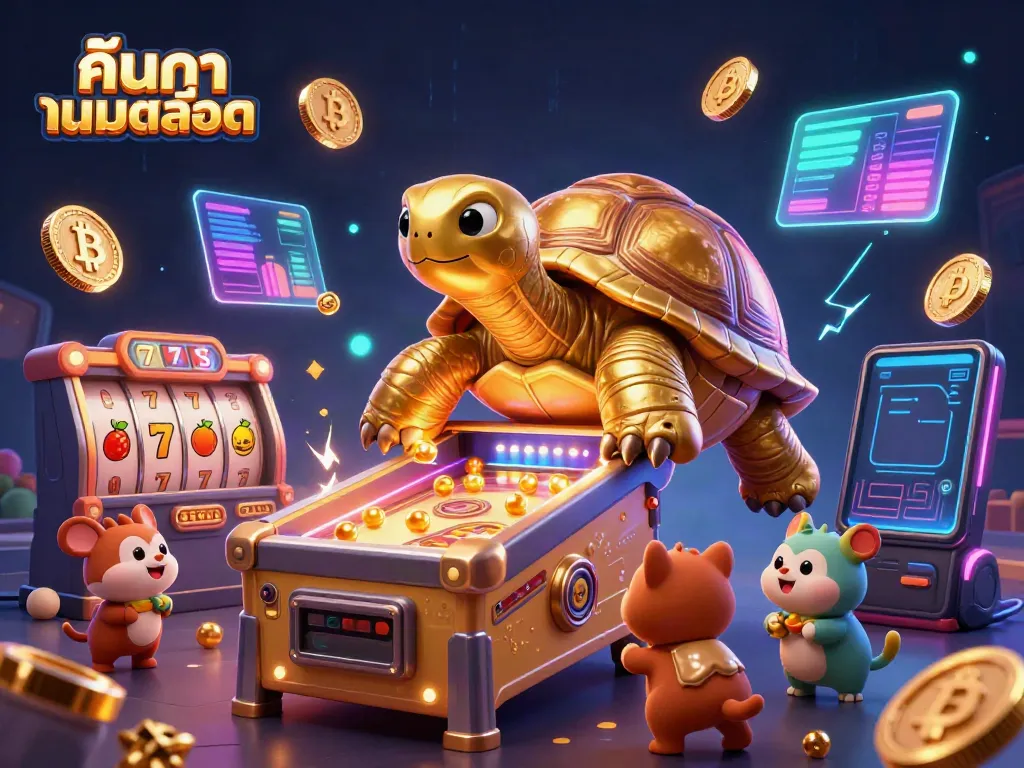 Experience the excitement of ค้นหาเกมสล็อต with our vibrant 3D illustration showcasing slot reels, coins, and eager players.