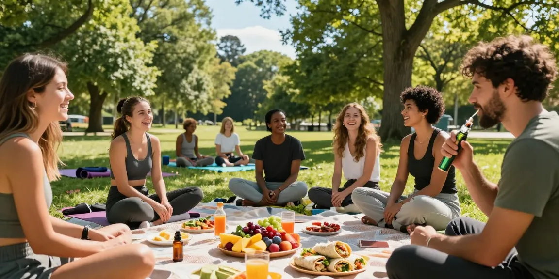lost mary bm6000 vape device at an outdoor wellness picnic with CBD-infused snacks and fresh fruits, promoting natural wellness.