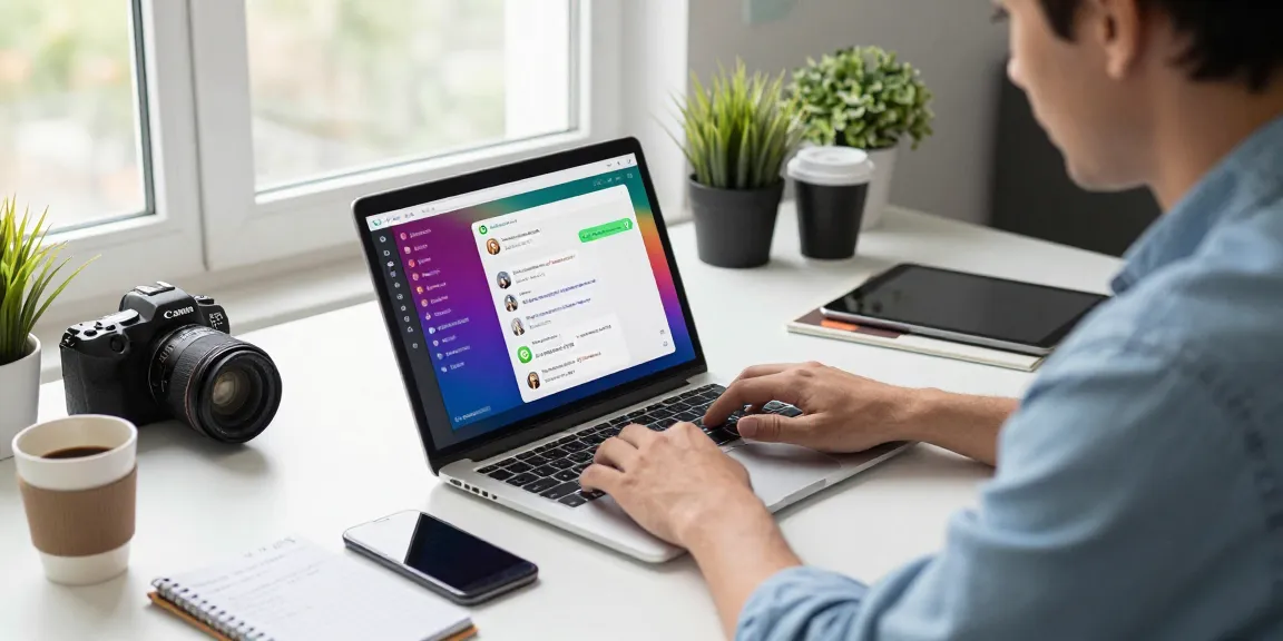 Engaging scene showing WhatsApp網頁版 usage in a modern workspace, focused individual sending messages with vibrant chat interface.