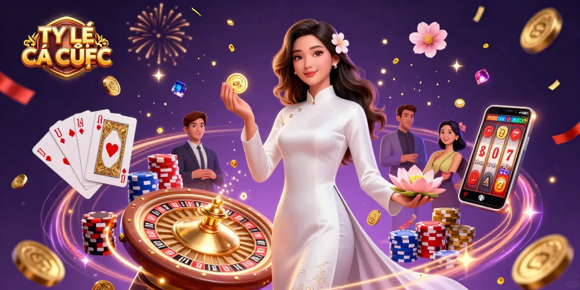 Place bets using TỶ LỆ CÁ CƯỢC as elegant Asian woman and casino elements sparkle