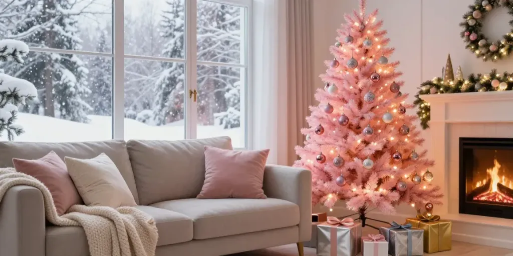 Cozy living room with a pink Christmas tree decorated for holiday celebrations.
