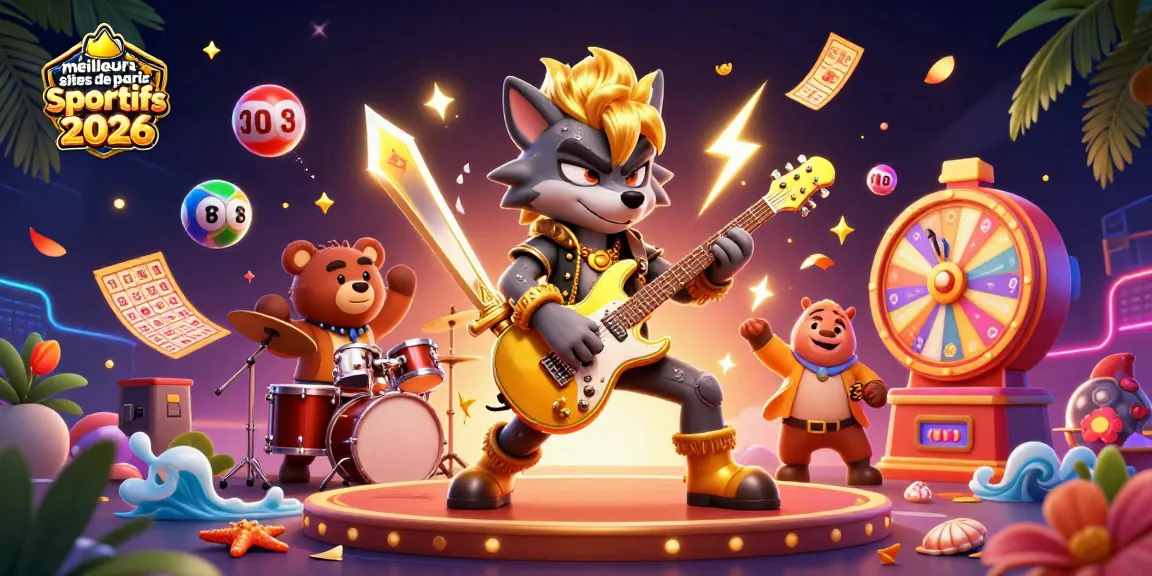 Illustration d'un loup rock star jouant de la guitare sur scène pour les meilleurs sites de paris sportifs 2026