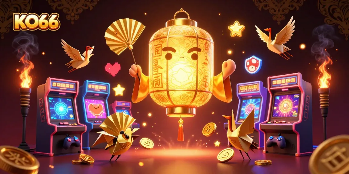 Engage with KO66's lively casino scene featuring a glowing golden lantern spirit and vibrant game elements.