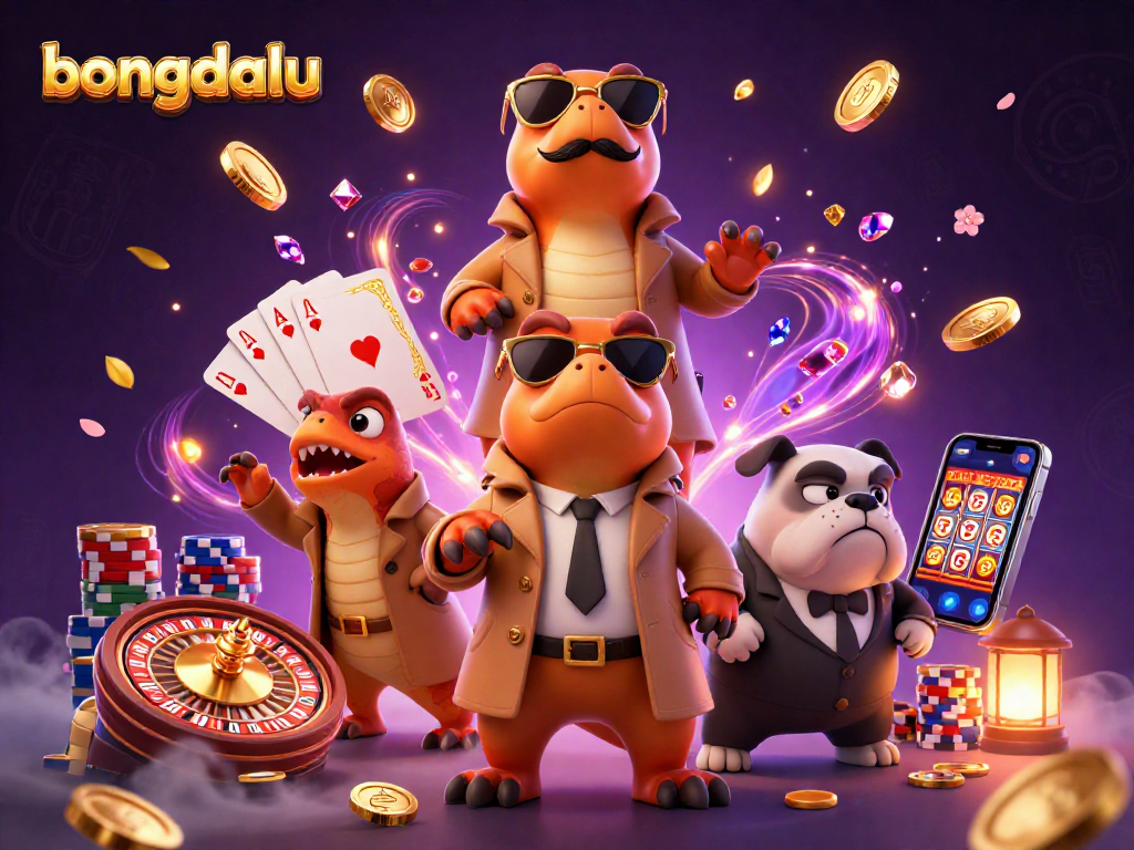 Bongdalu: raptors in a trench coat entering a VIP casino, surrounded by casino elements.