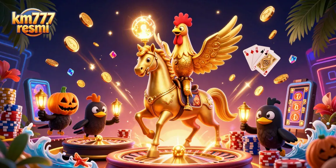 Win big at km777 resmi with a vibrant casino scene featuring gold coins and colorful games.